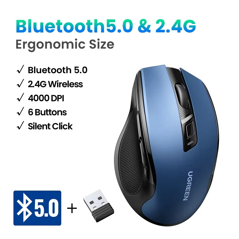 Mouse ergonómico inalámbrico conexión Bluetooth 5.0 y 2.4 GHz UGREEN
