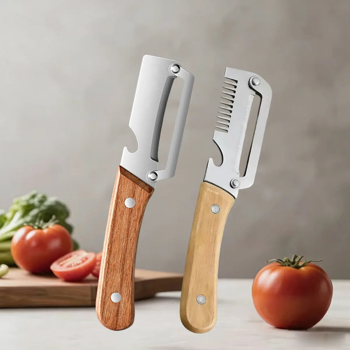 Pelador de Cocina de Acero Inoxidable con Mango de Madera para Pelar y Rebanar Frutas y Verduras