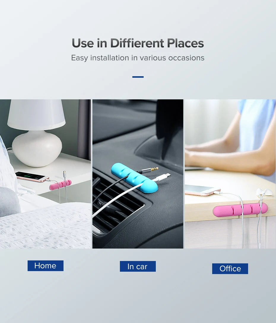 Organizador de cables de silicona con adhesivo para escritorio, veladores, y muebles en general.