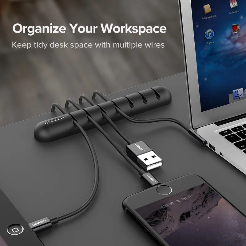 Organizador de cables de silicona con adhesivo para escritorio, veladores, y muebles en general.