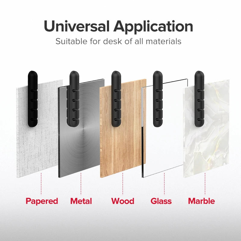 Organizador de cables de silicona con adhesivo para escritorio, veladores, y muebles en general.