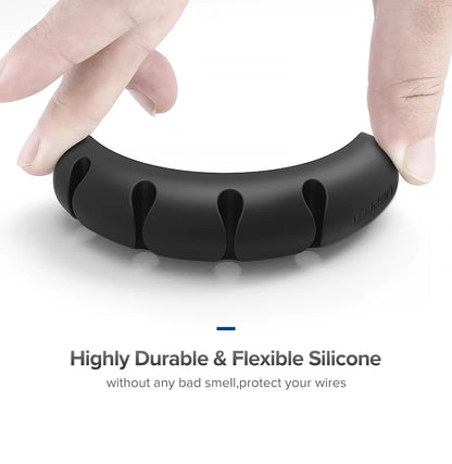 Organizador de cables de silicona con adhesivo para escritorio, veladores, y muebles en general.