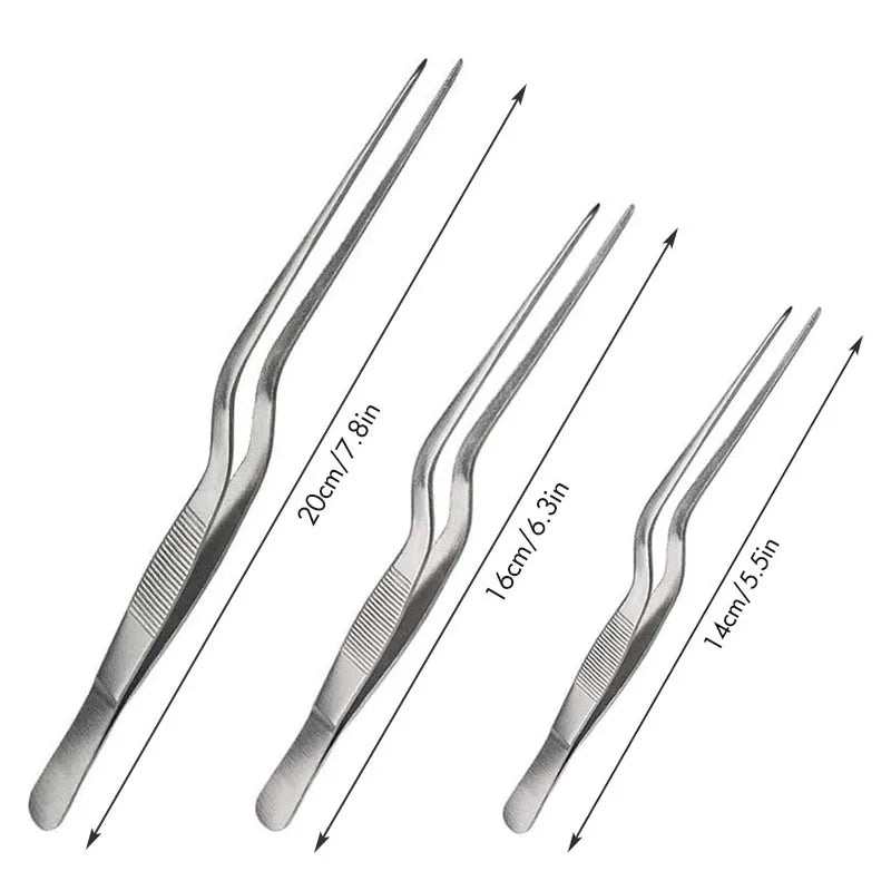 Pinzas profesionales de cocina de acero inoxidable para decorar alimentos.