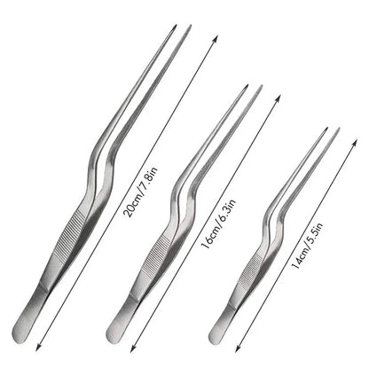 Pinzas profesionales de cocina de acero inoxidable para decorar alimentos.