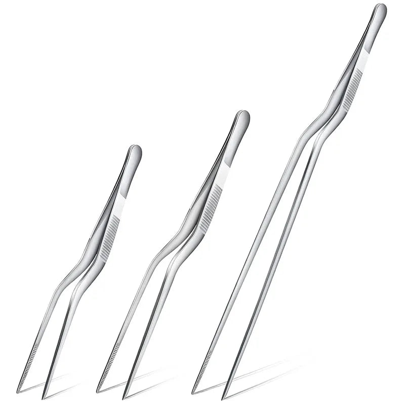 Pinzas profesionales de cocina de acero inoxidable para decorar alimentos.
