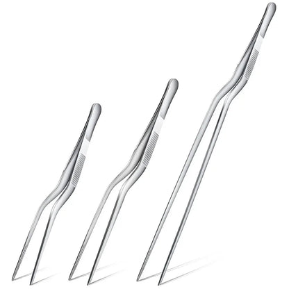 Pinzas profesionales de cocina de acero inoxidable para decorar alimentos.