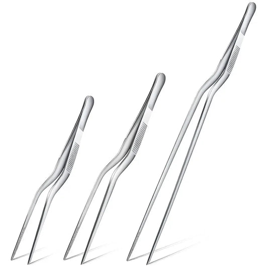 Pinzas profesionales de cocina de acero inoxidable para decorar alimentos.