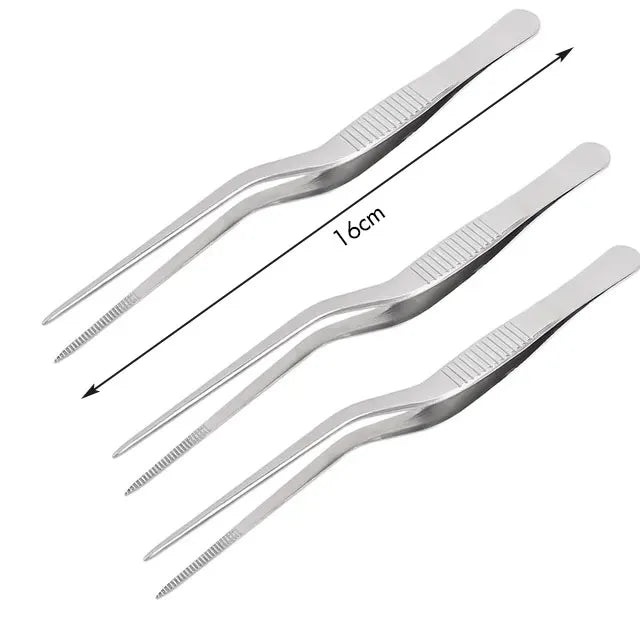 Pinzas profesionales de cocina de acero inoxidable para decorar alimentos.