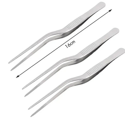 Pinzas profesionales de cocina de acero inoxidable para decorar alimentos.