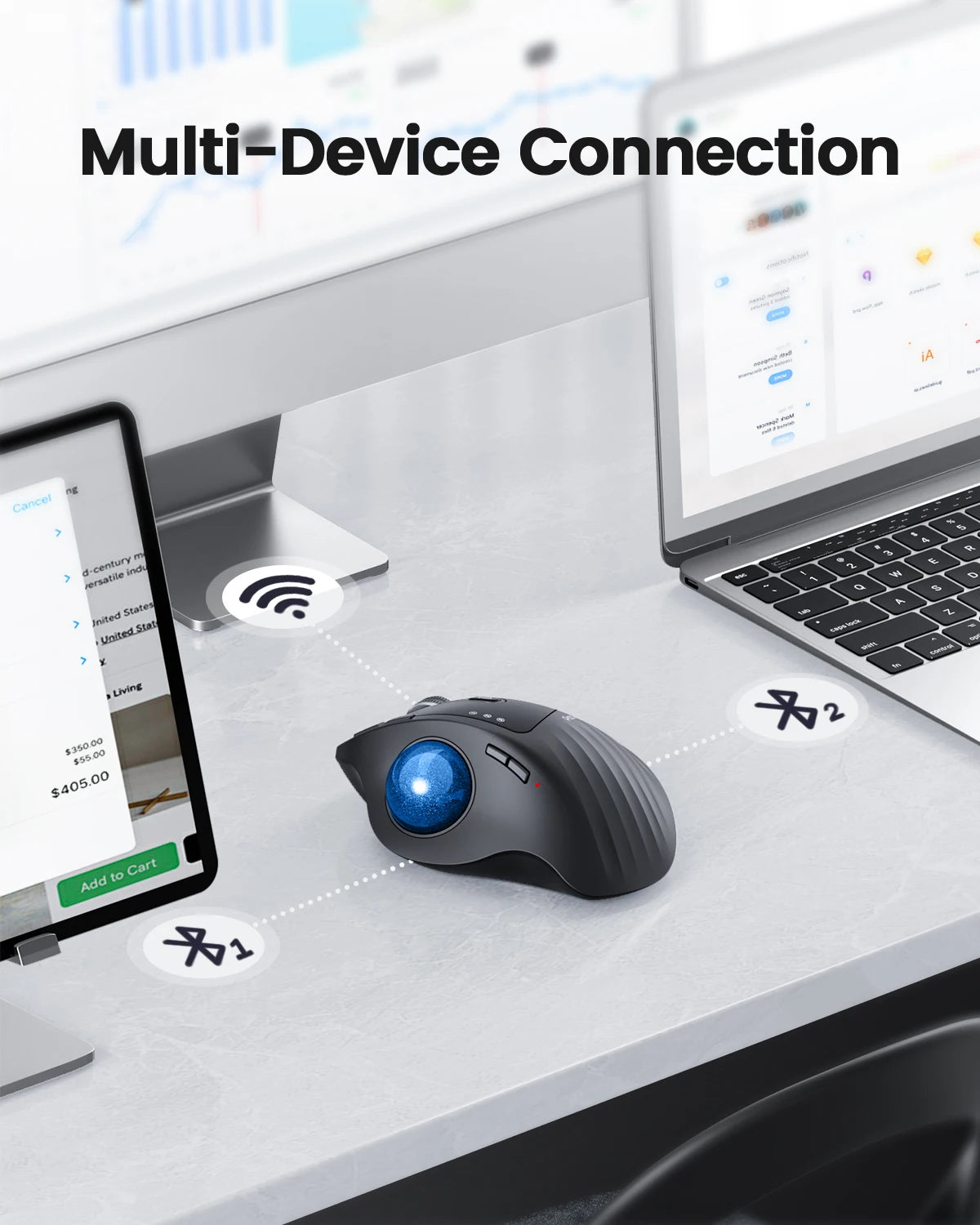 Mouse con trackball recargable inalámbrico Bluetooth 2.4G y conexión multidispositivo
