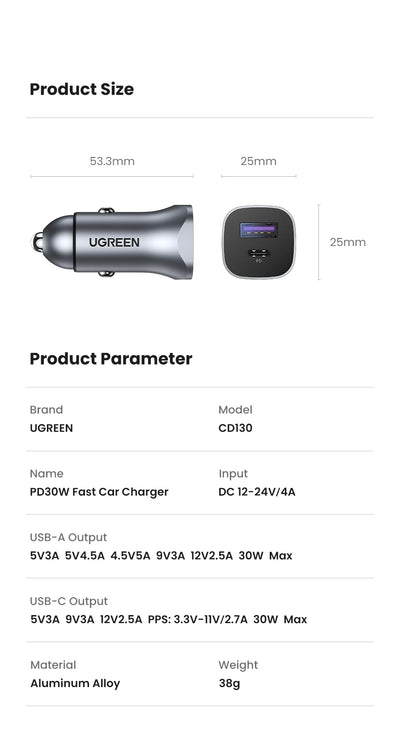 Cargador USB tipo A y C para automóvil de carga rápida compatible con iPhone, Xiaomi, Samsung y Huawei