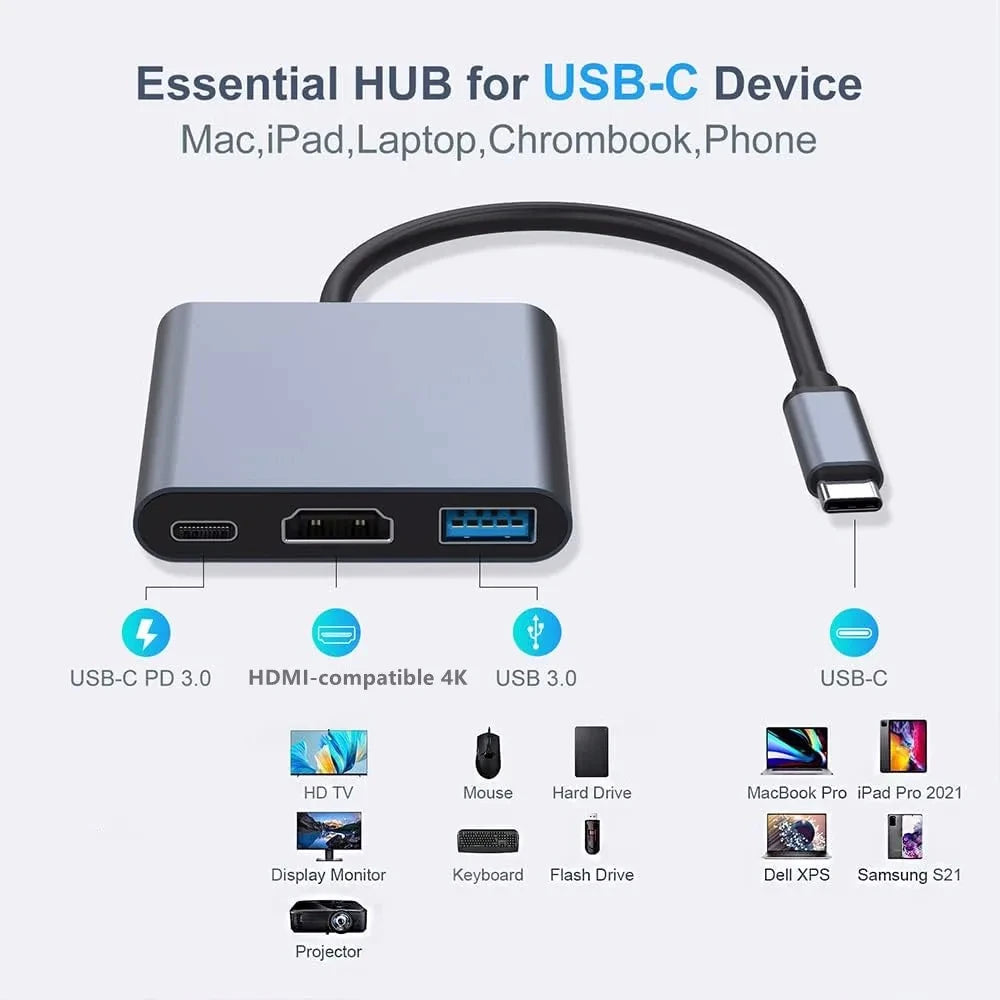 Hub 3 en 1 contector USB tipo C con HDMI 4K y puerto USB 3.0