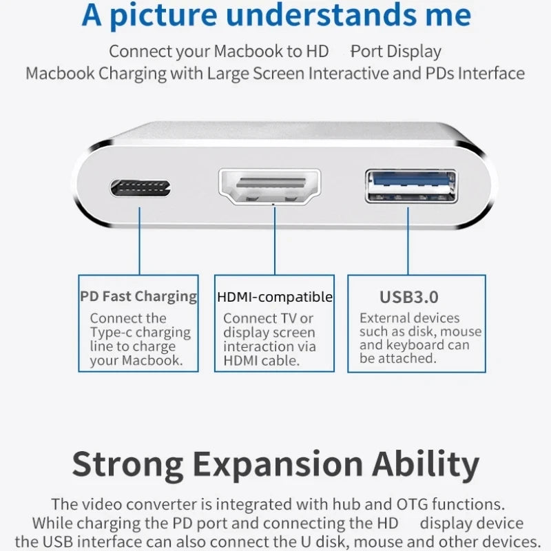Hub 3 en 1 contector USB tipo C con HDMI 4K y puerto USB 3.0
