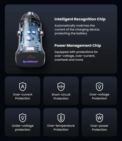 Cargador USB tipo A y C para automóvil de carga rápida compatible con iPhone, Xiaomi, Samsung y Huawei