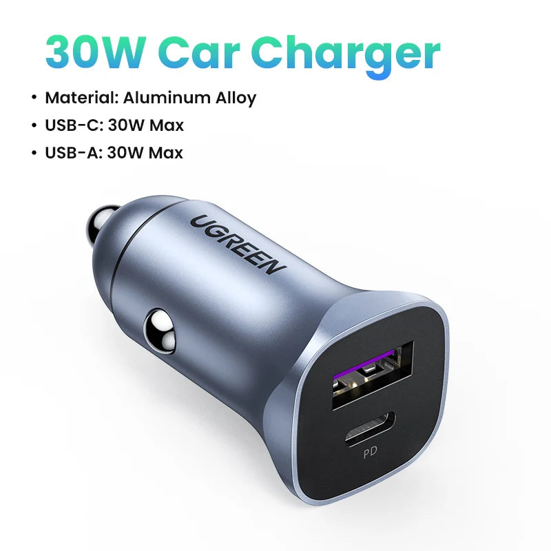 Cargador USB tipo A y C para automóvil de carga rápida compatible con iPhone, Xiaomi, Samsung y Huawei