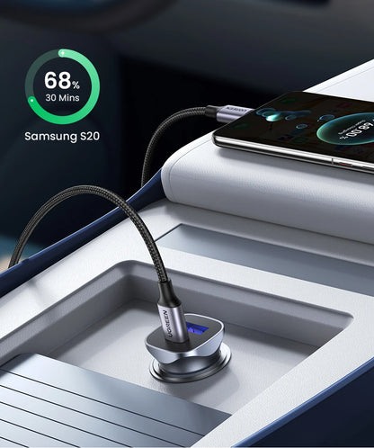 Cargador USB tipo A y C para automóvil de carga rápida compatible con iPhone, Xiaomi, Samsung y Huawei
