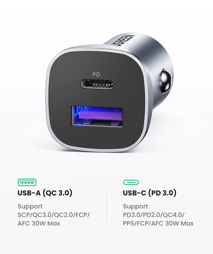 Cargador USB tipo A y C para automóvil de carga rápida compatible con iPhone, Xiaomi, Samsung y Huawei