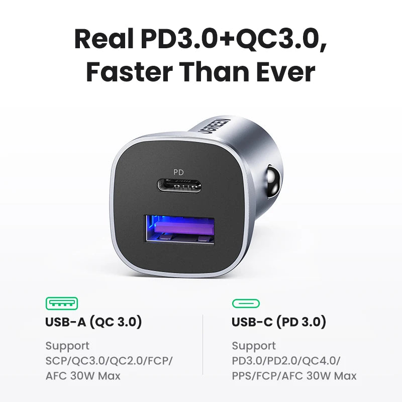Cargador USB tipo A y C para automóvil de carga rápida compatible con iPhone, Xiaomi, Samsung y Huawei