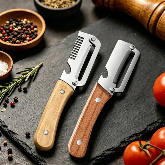 Pelador de Cocina de Acero Inoxidable con Mango de Madera para Pelar y Rebanar Frutas y Verduras