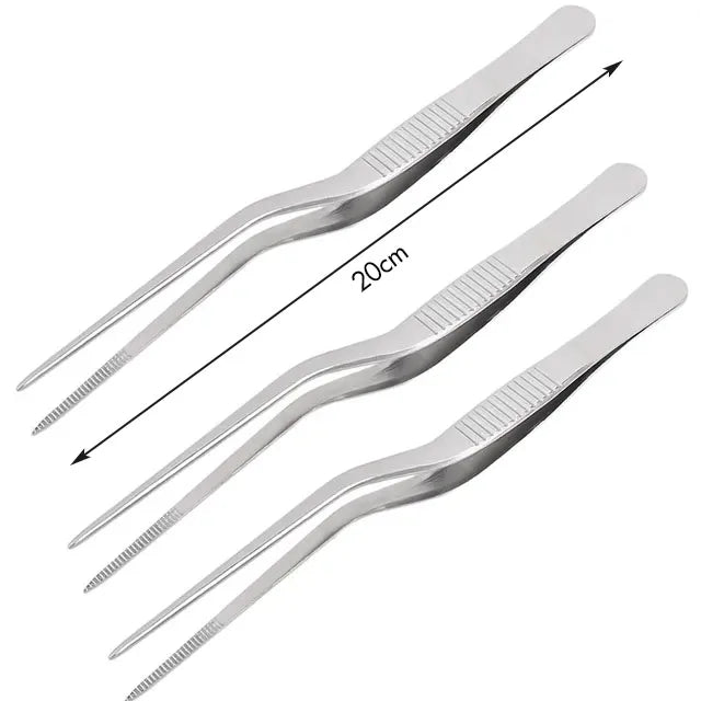 Pinzas profesionales de cocina de acero inoxidable para decorar alimentos.
