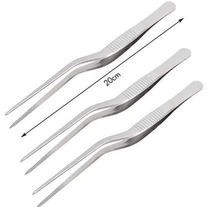 Pinzas profesionales de cocina de acero inoxidable para decorar alimentos.