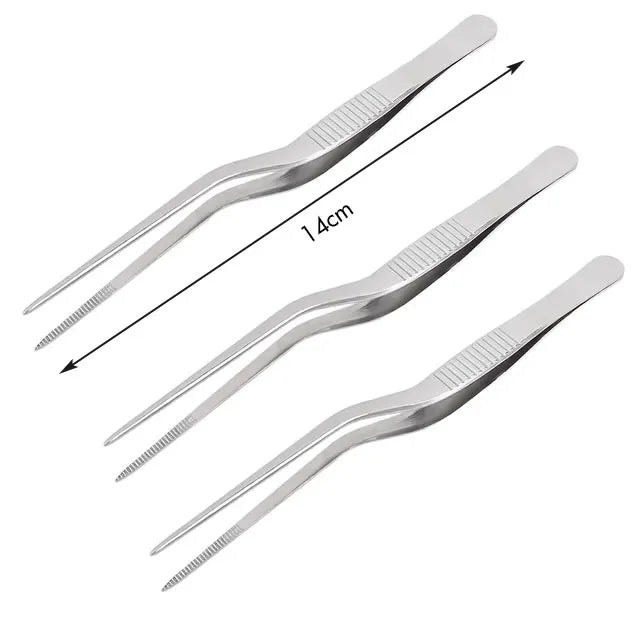 Pinzas profesionales de cocina de acero inoxidable para decorar alimentos.