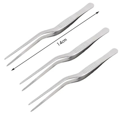 Pinzas profesionales de cocina de acero inoxidable para decorar alimentos.