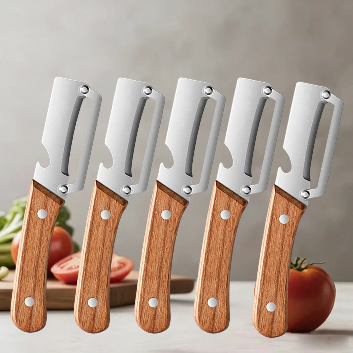 Pelador de Cocina de Acero Inoxidable con Mango de Madera para Pelar y Rebanar Frutas y Verduras