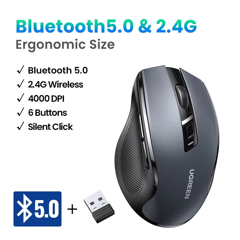 Mouse ergonómico inalámbrico conexión Bluetooth 5.0 y 2.4 GHz UGREEN