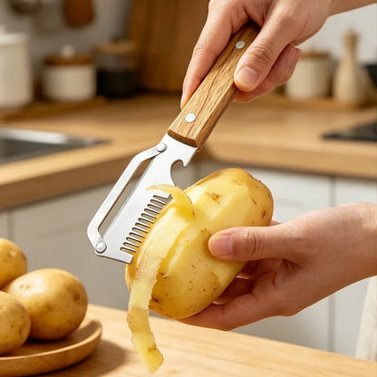 Pelador de Cocina de Acero Inoxidable con Mango de Madera para Pelar y Rebanar Frutas y Verduras
