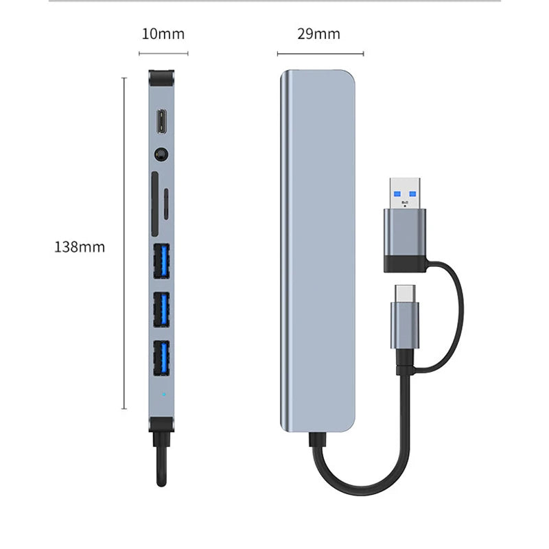 Hub USB de 8 puetros en 1 con USB y Tipo C
