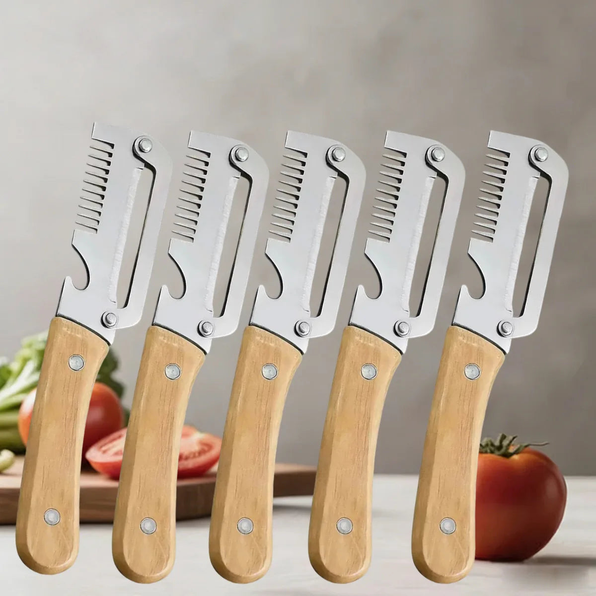 Pelador de Cocina de Acero Inoxidable con Mango de Madera para Pelar y Rebanar Frutas y Verduras