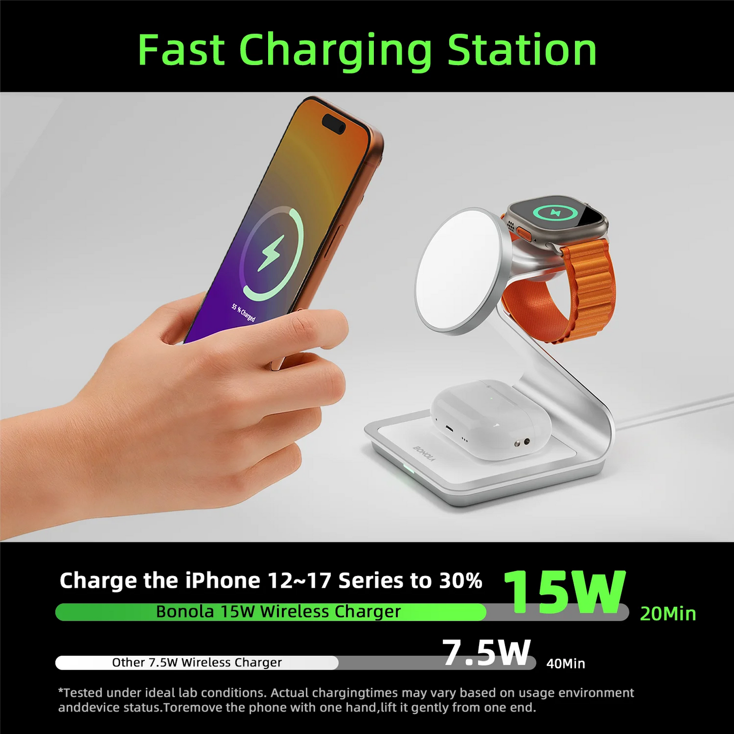 Estación de carga inalámbrica magnético 3 en 1 compatible con iPhone, Apple Watch y Air Pods Pro