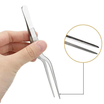 Pinzas profesionales de cocina de acero inoxidable para decorar alimentos.