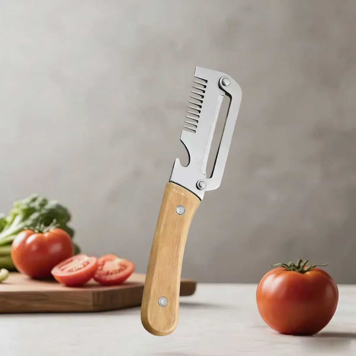 Pelador de Cocina de Acero Inoxidable con Mango de Madera para Pelar y Rebanar Frutas y Verduras