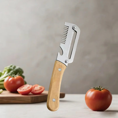 Pelador de Cocina de Acero Inoxidable con Mango de Madera para Pelar y Rebanar Frutas y Verduras