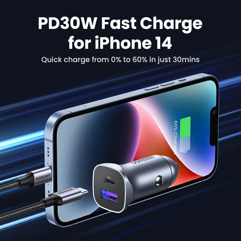 Cargador USB tipo A y C para automóvil de carga rápida compatible con iPhone, Xiaomi, Samsung y Huawei