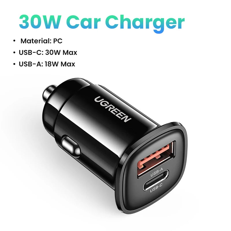 Cargador USB tipo A y C para automóvil de carga rápida compatible con iPhone, Xiaomi, Samsung y Huawei