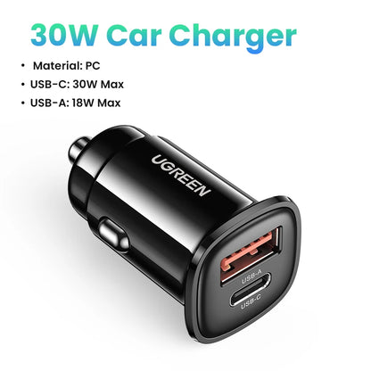 Cargador USB tipo A y C para automóvil de carga rápida compatible con iPhone, Xiaomi, Samsung y Huawei