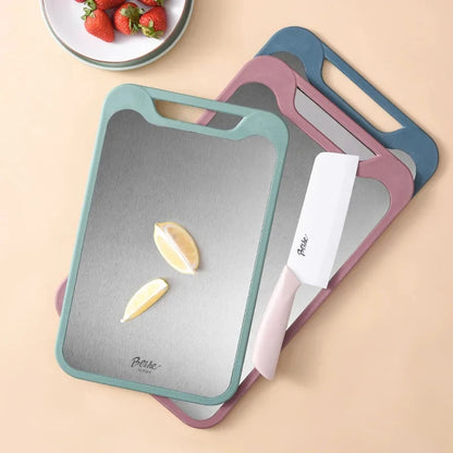Tabla de cocina de doble cara de acero Inoxidable y borde plástico