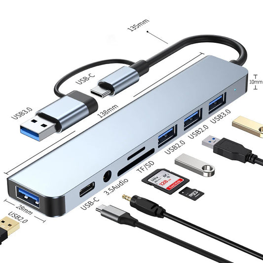 Hub USB de 8 puetros en 1 con USB y Tipo C