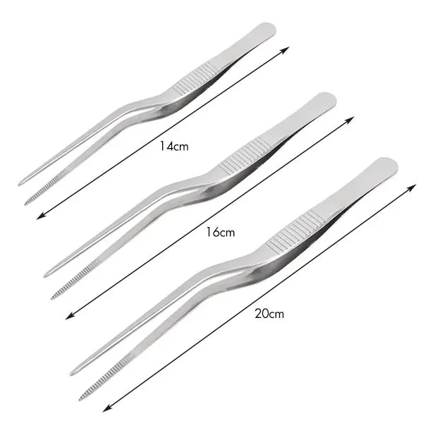 Pinzas profesionales de cocina de acero inoxidable para decorar alimentos.