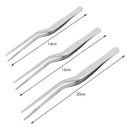 Pinzas profesionales de cocina de acero inoxidable para decorar alimentos.