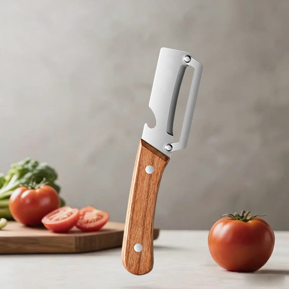 Pelador de Cocina de Acero Inoxidable con Mango de Madera para Pelar y Rebanar Frutas y Verduras