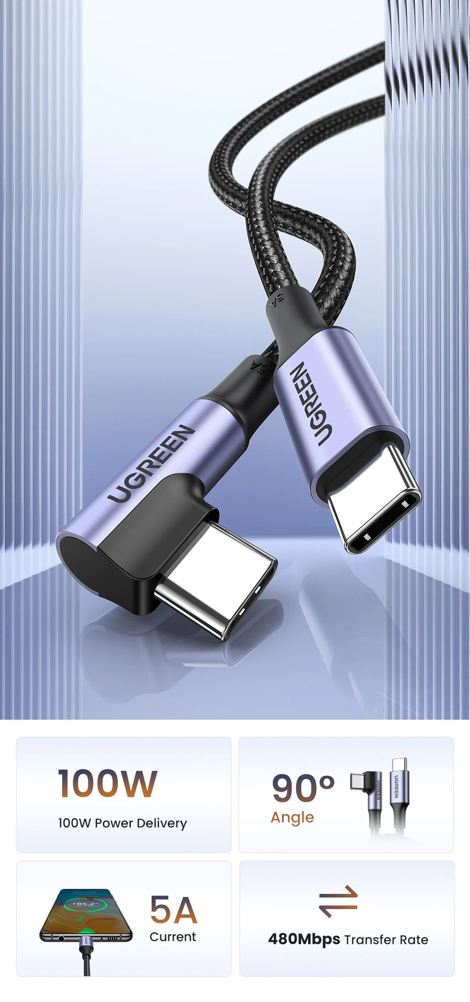 Cable USB tipo C a USB C para carga rápida con ángulo único