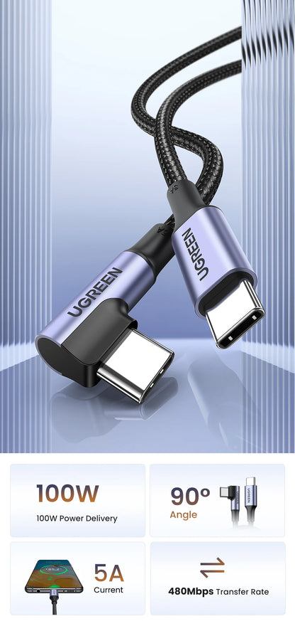 Cable USB tipo C a USB C para carga rápida con ángulo único